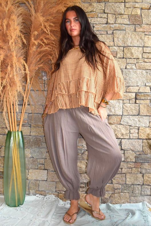 Sundaze Cheesecloth Chalk Stripe Frill Top Tuscan Sun