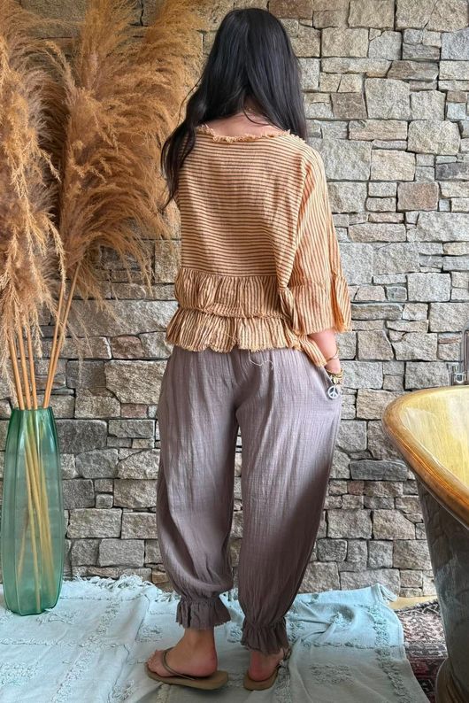 Sundaze Cheesecloth Chalk Stripe Frill Top Tuscan Sun