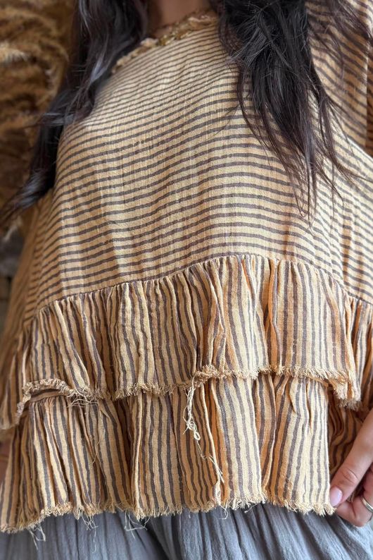 Sundaze Cheesecloth Chalk Stripe Frill Top Tuscan Sun