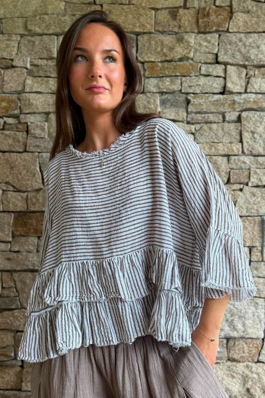 Sundaze Cheesecloth Chalk Stripe Frill Top White