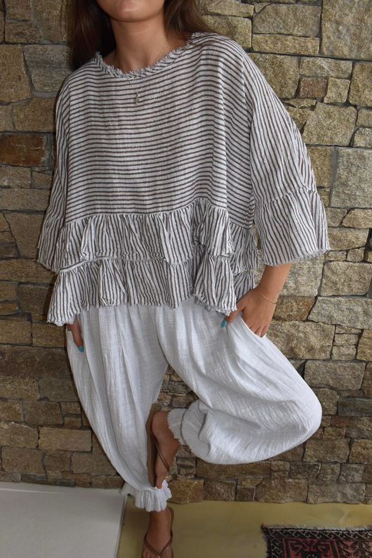 Sundaze Cheesecloth Chalk Stripe Frill Top White