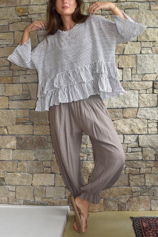 Sundaze Cheesecloth Chalk Stripe Frill Top White
