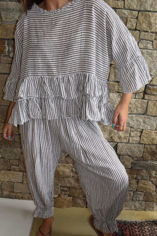 Sundaze Cheesecloth Chalk Stripe Frill Top White