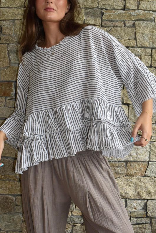 Sundaze Cheesecloth Chalk Stripe Frill Top White