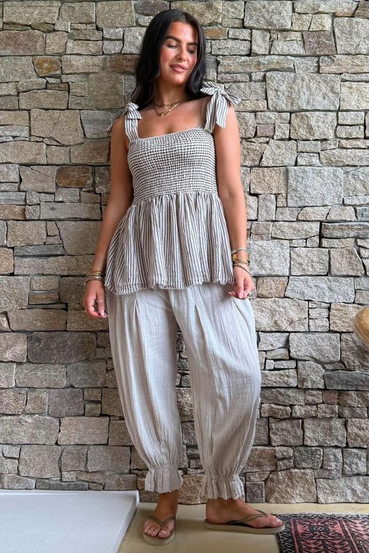 Sundaze Cheesecloth Chalk Stripe Tie Shoulder Top Calico
