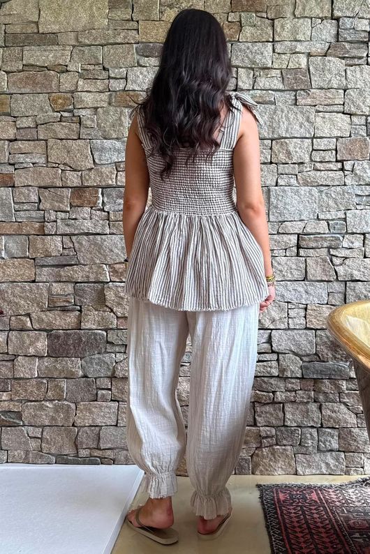 Sundaze Cheesecloth Chalk Stripe Tie Shoulder Top Calico