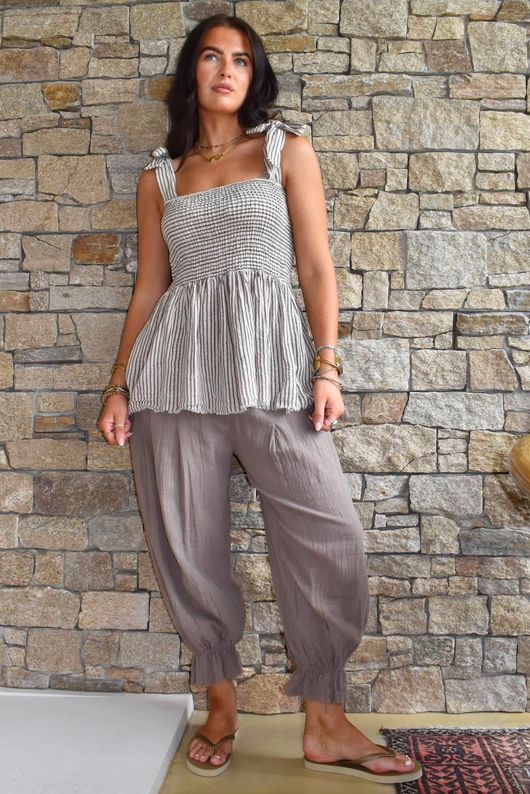 Sundaze Cheesecloth Chalk Stripe Tie Shoulder Top Calico