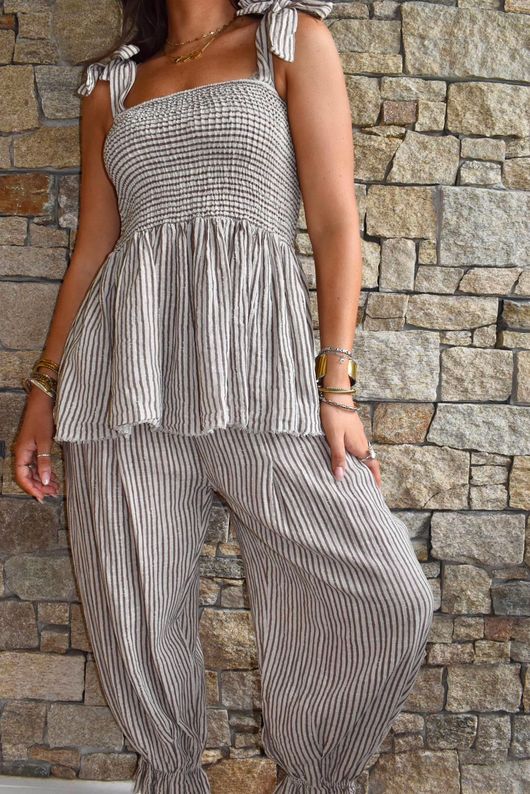 Sundaze Cheesecloth Chalk Stripe Tie Shoulder Top Calico