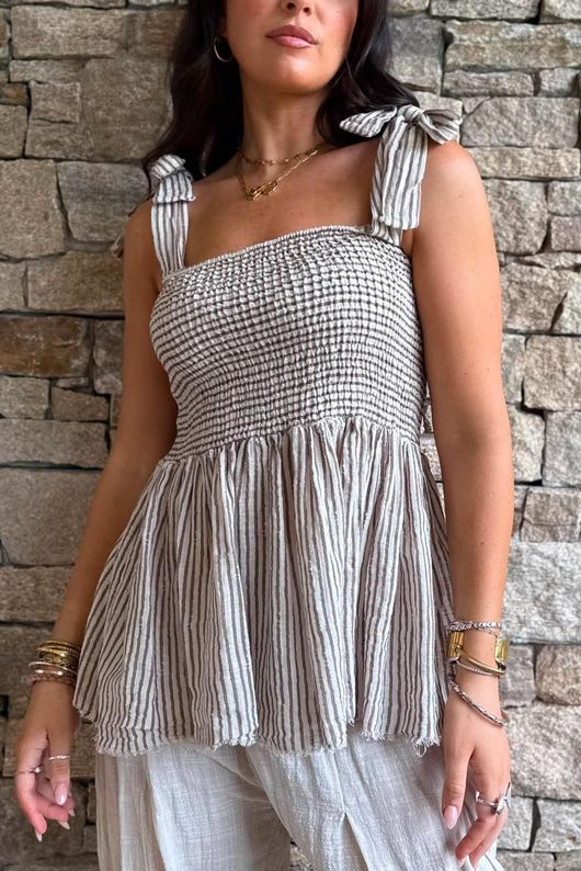 Sundaze Cheesecloth Chalk Stripe Tie Shoulder Top Calico