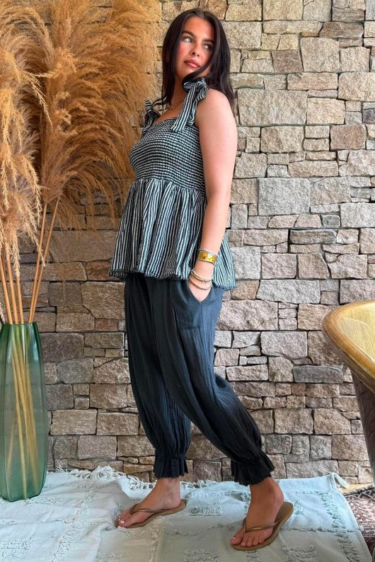 Sundaze Cheesecloth Chalk Stripe Tie Shoulder Top Charcoal