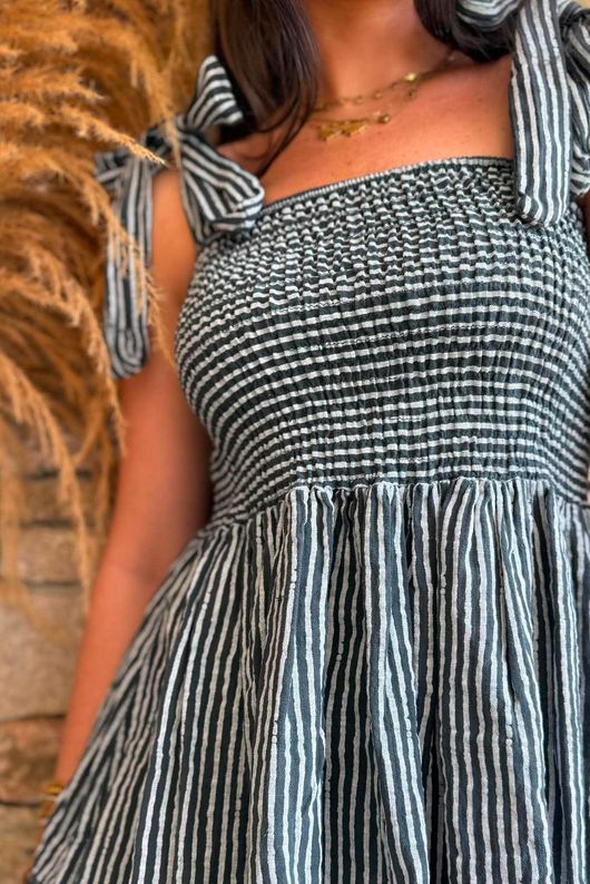 Sundaze Cheesecloth Chalk Stripe Tie Shoulder Top Charcoal