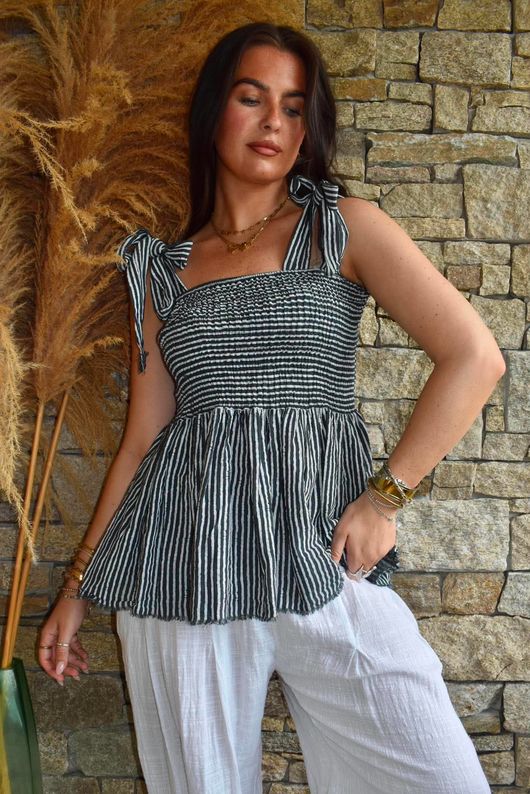 Sundaze Cheesecloth Chalk Stripe Tie Shoulder Top Charcoal