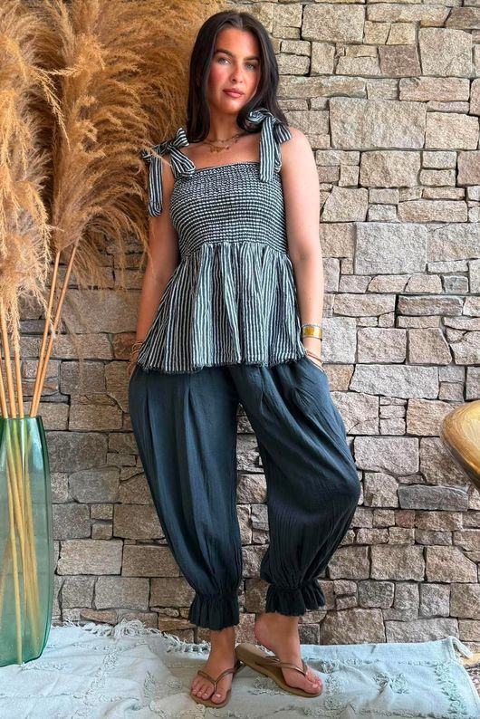 Sundaze Cheesecloth Chalk Stripe Tie Shoulder Top Charcoal