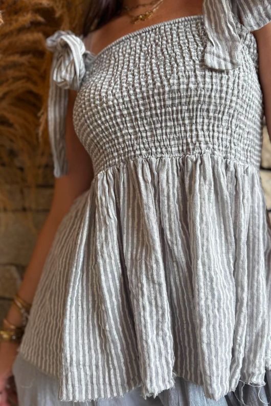 Sundaze Cheesecloth Chalk Stripe Tie Shoulder Top Cloud