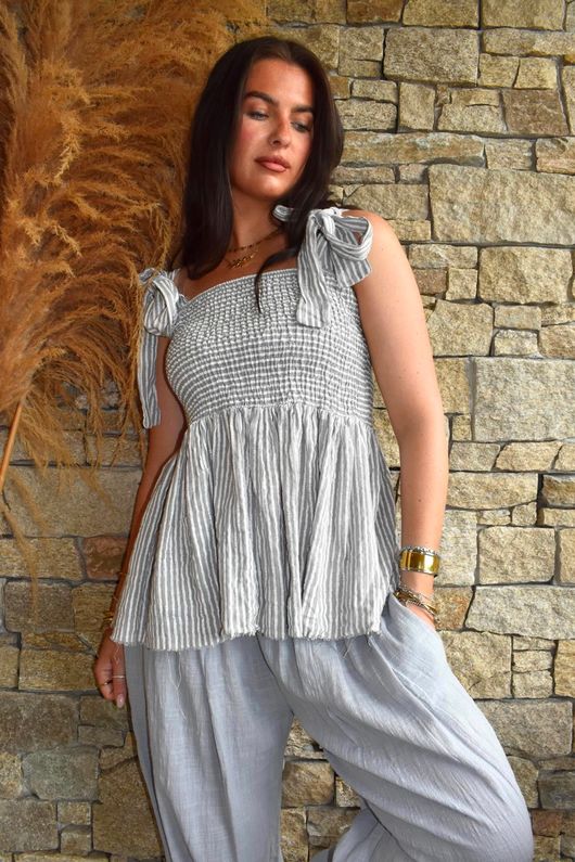 Sundaze Cheesecloth Chalk Stripe Tie Shoulder Top Pebble