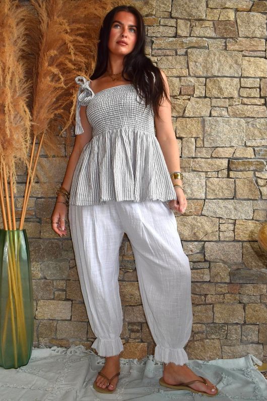 Sundaze Cheesecloth Chalk Stripe Tie Shoulder Top Cloud