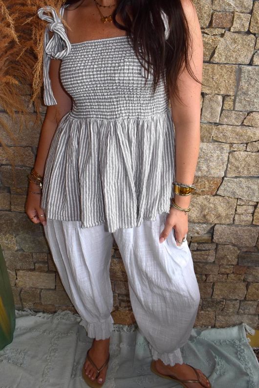 Sundaze Cheesecloth Chalk Stripe Tie Shoulder Top Cloud