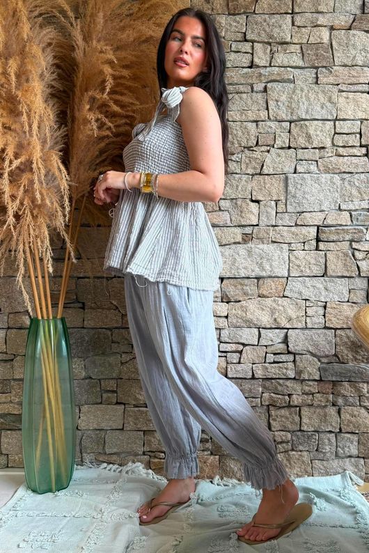 Sundaze Cheesecloth Chalk Stripe Tie Shoulder Top Cloud