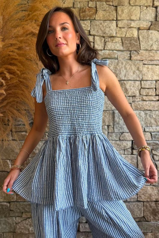 Sundaze Cheesecloth Chalk Stripe Tie Shoulder Top Denim