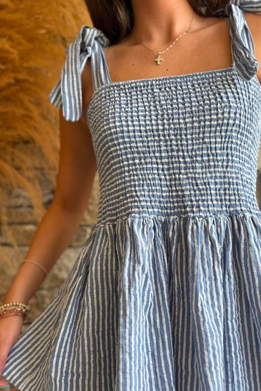 Sundaze Cheesecloth Chalk Stripe Tie Shoulder Top Denim
