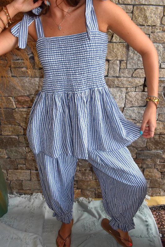 Sundaze Cheesecloth Chalk Stripe Tie Shoulder Top Denim