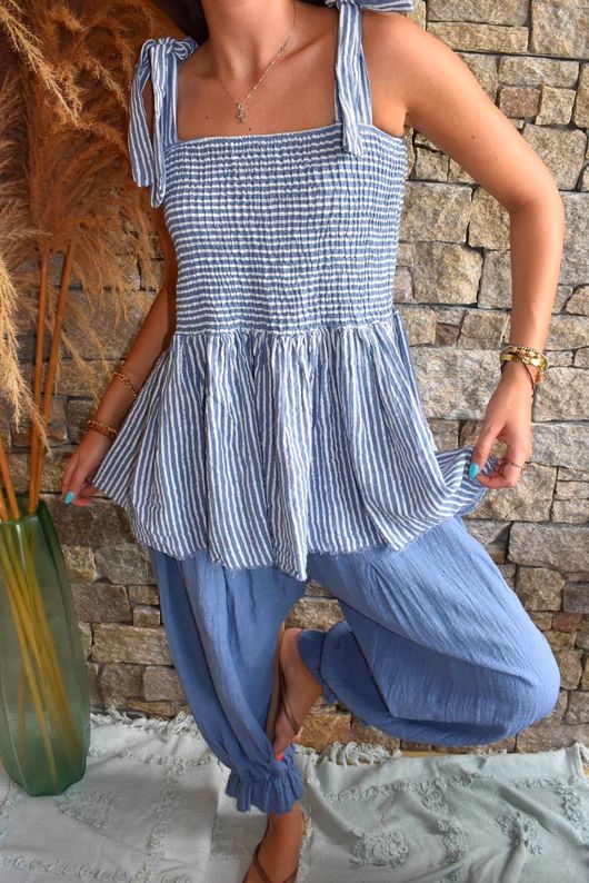 Sundaze Cheesecloth Chalk Stripe Tie Shoulder Top Denim