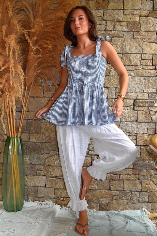 Sundaze Cheesecloth Chalk Stripe Tie Shoulder Top Denim