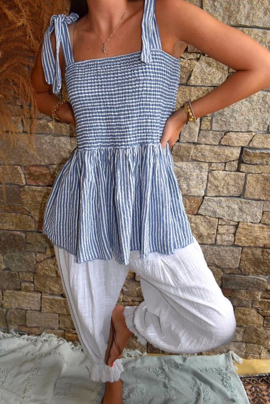 Sundaze Cheesecloth Chalk Stripe Tie Shoulder Top Denim