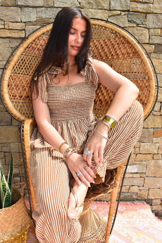Sundaze Cheesecloth Chalk Stripe Tie Shoulder Top Hazelnut