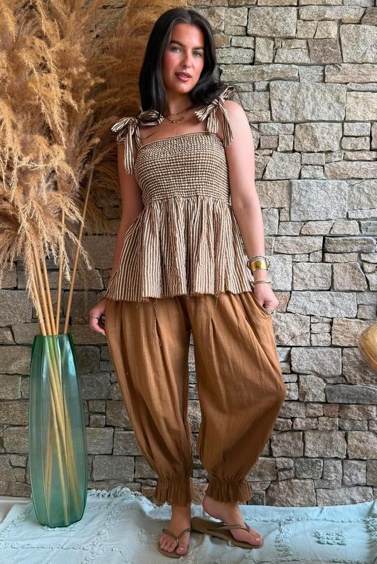 Sundaze Cheesecloth Chalk Stripe Tie Shoulder Top Hazelnut