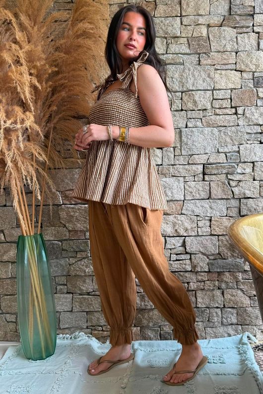 Sundaze Cheesecloth Chalk Stripe Tie Shoulder Top Hazelnut