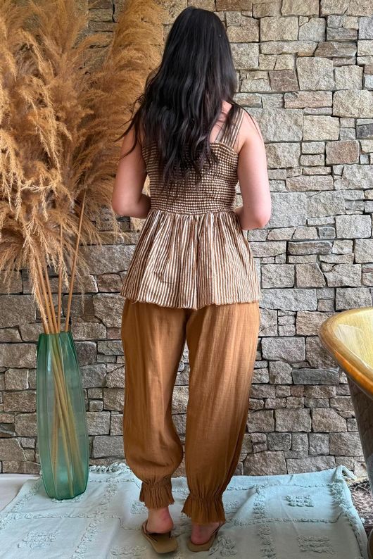Sundaze Cheesecloth Chalk Stripe Tie Shoulder Top Hazelnut