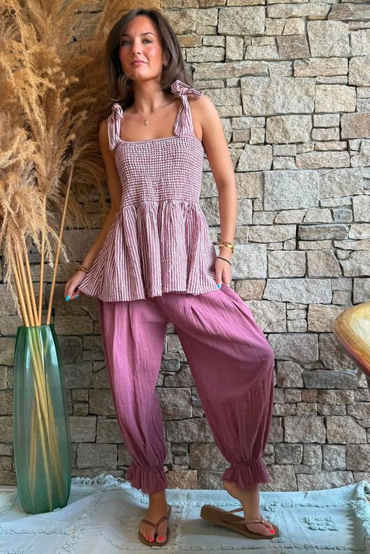 Sundaze Cheesecloth Chalk Stripe Tie Shoulder Top Indian Pink