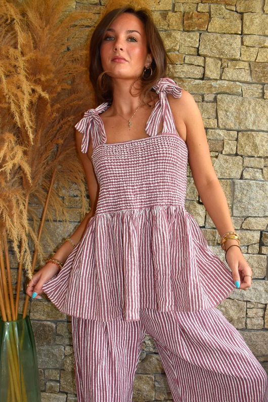 Sundaze Cheesecloth Chalk Stripe Tie Shoulder Top Indian Pink