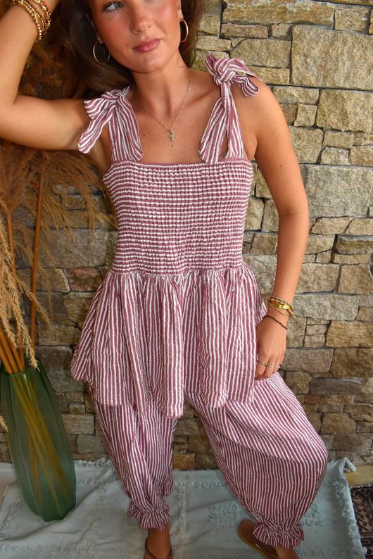 Sundaze Cheesecloth Chalk Stripe Tie Shoulder Top Indian Pink