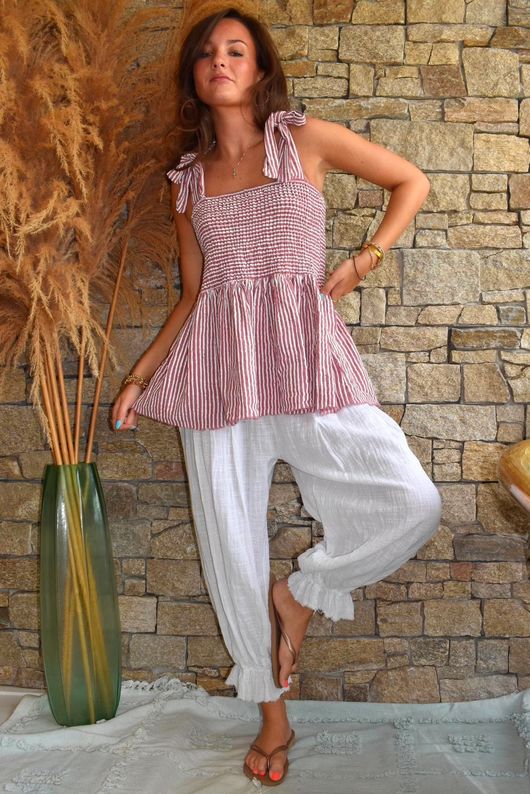 Sundaze Cheesecloth Chalk Stripe Tie Shoulder Top Indian Pink