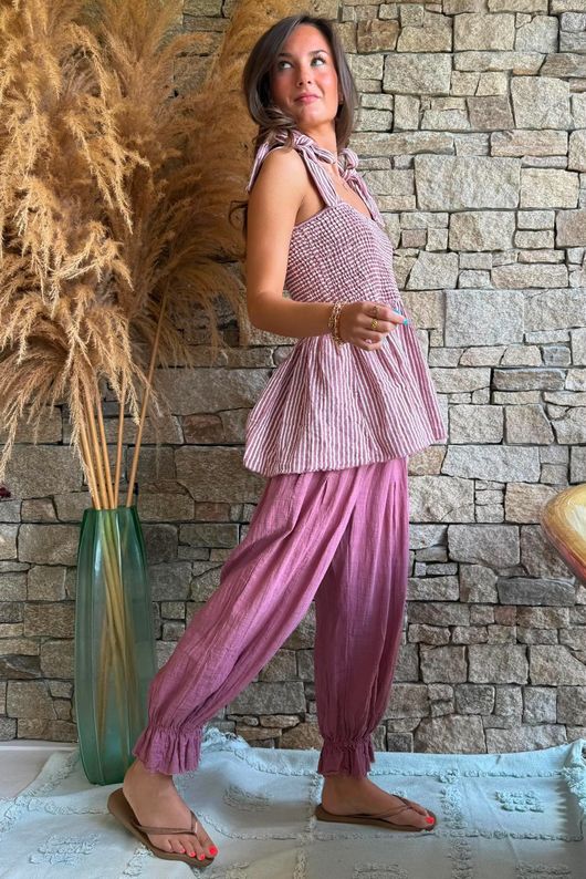 Sundaze Cheesecloth Chalk Stripe Tie Shoulder Top Indian Pink