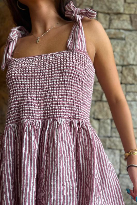 Sundaze Cheesecloth Chalk Stripe Tie Shoulder Top Indian Pink