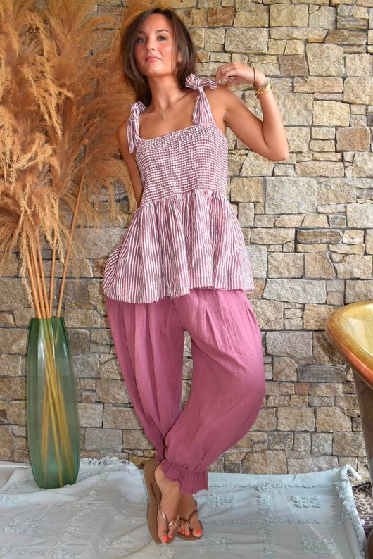 Sundaze Cheesecloth Chalk Stripe Tie Shoulder Top Indian Pink