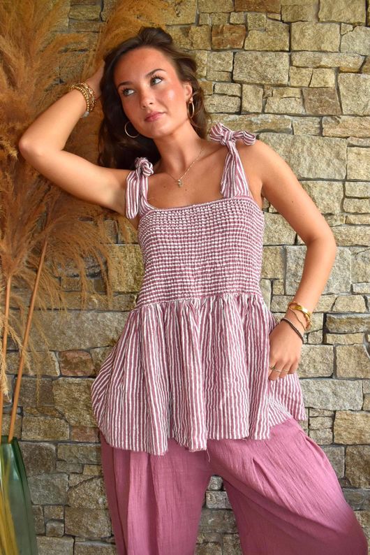 Sundaze Cheesecloth Chalk Stripe Tie Shoulder Top Indian Pink