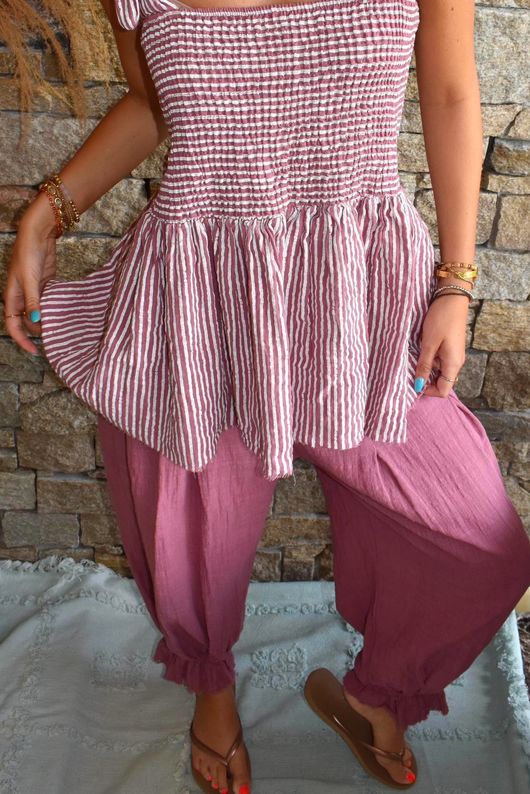 Sundaze Cheesecloth Chalk Stripe Tie Shoulder Top Indian Pink