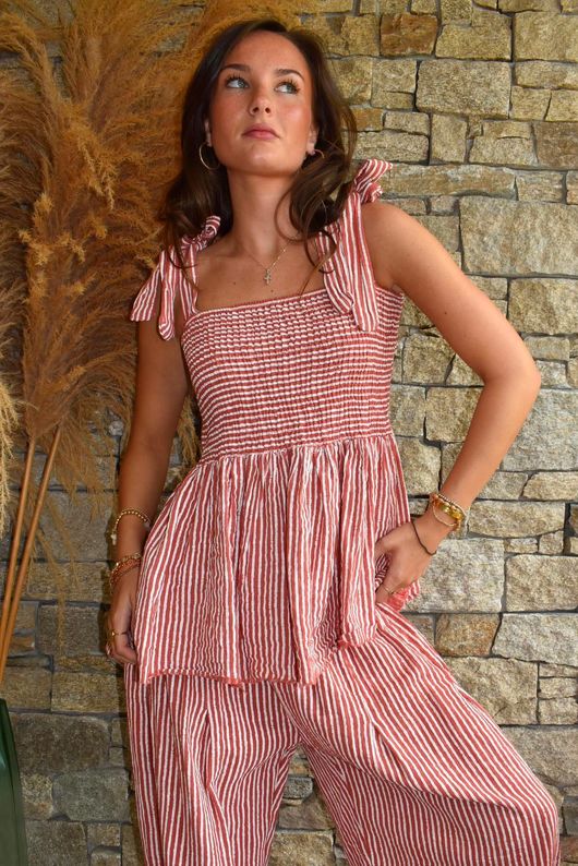 Sundaze Cheesecloth Chalk Stripe Tie Shoulder Top Indian Red