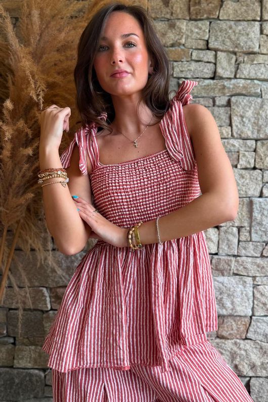 Sundaze Cheesecloth Chalk Stripe Tie Shoulder Top Indian Red