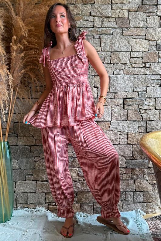 Sundaze Cheesecloth Chalk Stripe Tie Shoulder Top Indian Red