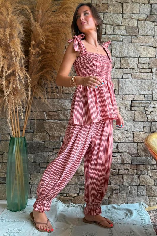 Sundaze Cheesecloth Chalk Stripe Tie Shoulder Top Indian Red