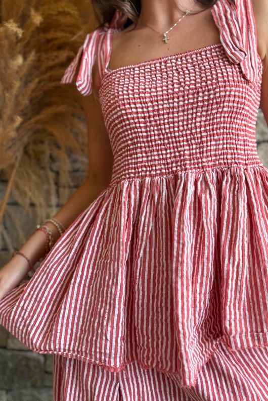 Sundaze Cheesecloth Chalk Stripe Tie Shoulder Top Indian Red