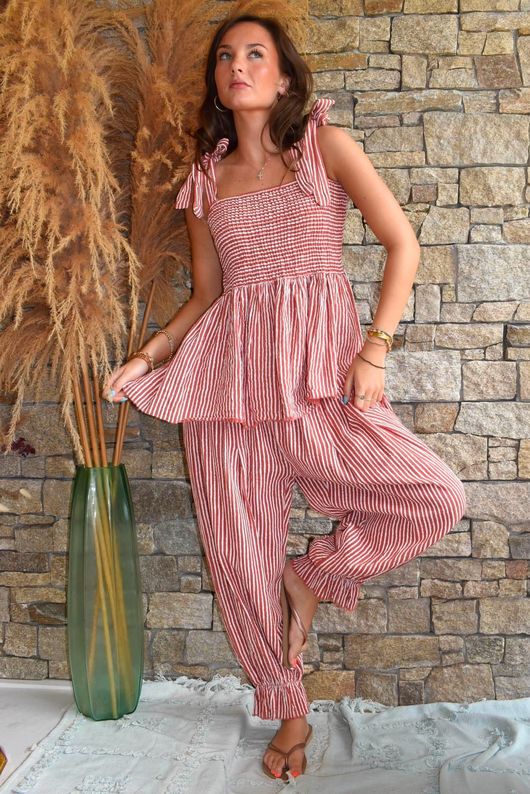 Sundaze Cheesecloth Chalk Stripe Tie Shoulder Top Indian Red