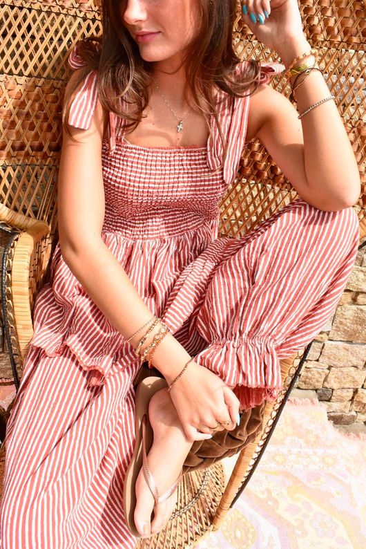 Sundaze Cheesecloth Chalk Stripe Tie Shoulder Top Indian Red