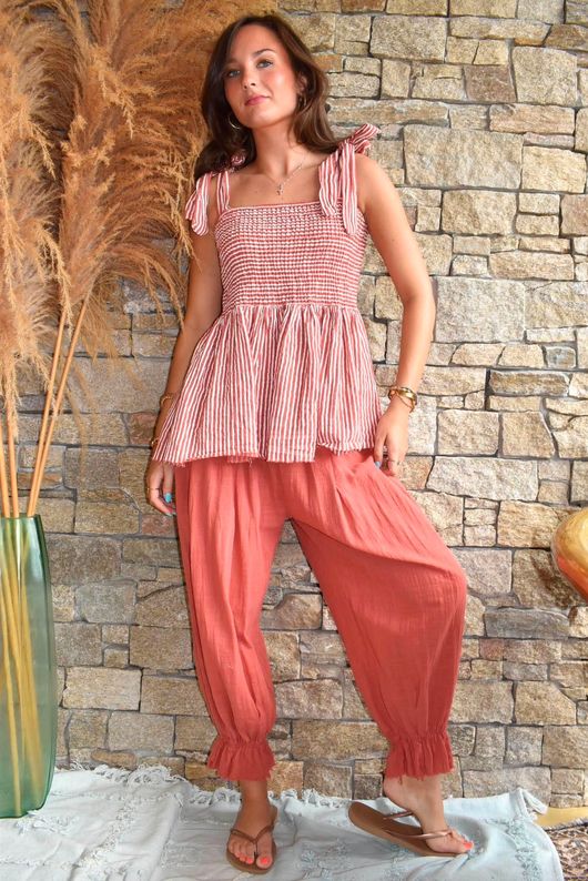 Sundaze Cheesecloth Chalk Stripe Tie Shoulder Top Indian Red