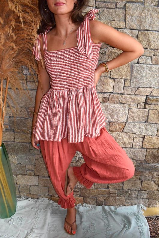 Sundaze Cheesecloth Chalk Stripe Tie Shoulder Top Indian Red